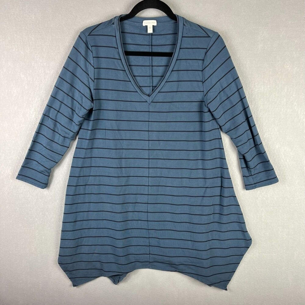 GARNET HILL Tunic Top Womens S Blue 3/4 Sleeve Striped Pullover Blouse Sharkbite